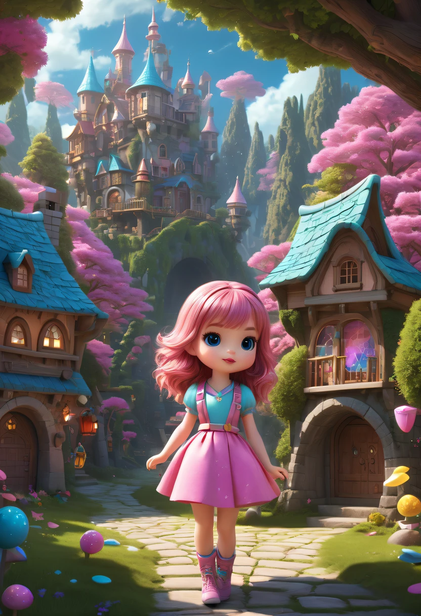 hyper realisitc, stereograms, atmospheric pressure, super detailing, Acura, Best quality, hyper HD, tmasterpiece, Anatomically correct, 16k, A high resolution，Pink space，1Blittle girl，Located in magical village，Enchanted Forest Village，Village built with building blocks，Intricate fantasy town,Little girl looking for lost treasure，Geometric space，Unordered regular three-dimensional pattern，There are tons of little dollhouses and buildings，Space for the rainbow，fantasy color fantasy treasure hunt fantasy，Mysterious treasure，Sparkling treasure，great digital painting（Cybernetics）， art  stations， Detailed pubic hair， 复杂， Mathil， number art， k hd， 8K， Whimsical fantasy landscape art, Ultra-detailed fantasy,Big breasts are beautiful， high high quality，electronic 8k