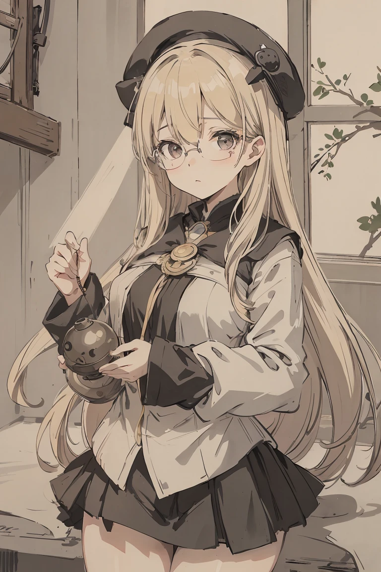 sparrow, a blonde haired girl, wearing a alchemist clothes, long hair, hair, black skirt, black alchemist uniform, slim body, , curious face, praying pose, prude expression, mini skirt, white beret, medium breasts, she close her left eye, glasses