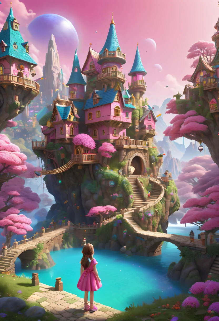 hyper realisitc, stereograms, atmospheric pressure, super detailing, Acura, Best quality, hyper HD, tmasterpiece, Anatomically correct, 16k, A high resolution,Pink space,1Blittle girl,Located in magical village,Enchanted Forest Village,Village built with building blocks,Intricate fantasy town, looking for lost treasure,Geometric space,Unordered regular three-dimensional pattern,There are tons of little dollhouses and buildings,Space for the rainbow,fantasy color fantasy treasure hunt fantasy,Mysterious treasure,Sparkling treasure,great digital painting(Cybernetics), art stations, Detailed pubic hair, 复杂, Mathil, number art, k hd, 8K, Whimsical fantasy landscape art, Ultra-detailed fantasy,Big breasts are beautiful, high high quality,electronic 8k
