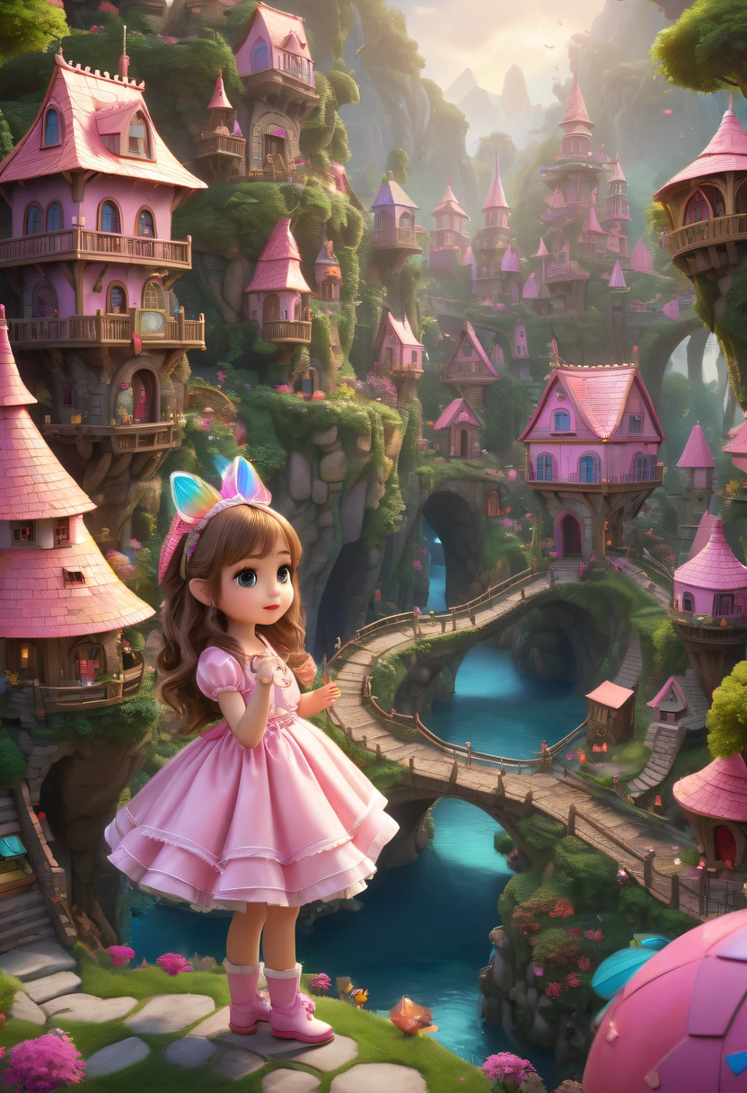 hyper realisitc, stereograms, atmospheric pressure, super detailing, Acura, Best quality, hyper HD, tmasterpiece, Anatomically correct, 16k, A high resolution,Pink space,1Blittle girl,Located in magical village,Enchanted Forest Village,Village built with building blocks,Intricate fantasy town, looking for lost treasure,Geometric space,Unordered regular three-dimensional pattern,There are tons of little dollhouses and buildings,Space for the rainbow,fantasy color fantasy treasure hunt fantasy,Mysterious treasure,Sparkling treasure,great digital painting(Cybernetics), art stations, Detailed pubic hair, 复杂, Mathil, number art, k hd, 8K, Whimsical fantasy landscape art, Ultra-detailed fantasy,Big breasts are beautiful, high high quality,electronic 8k