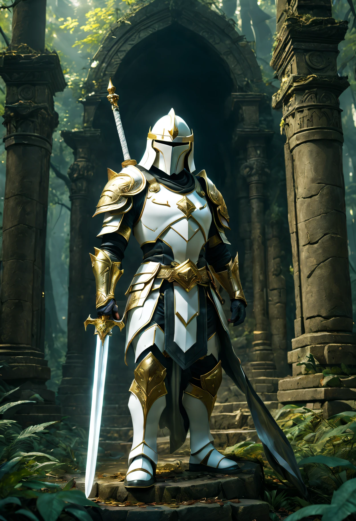 In the middle of the forest there  a powerful magic swordsman holding a magic sword.，Detailed white shining armor, Detailed white helmet, Detailed Great White Sword, The mysterious golden gem on the armor，CG gameovie promotional images， In the shrine，Check the ruins，(ultra - detailed,actual:1.37),(Best quality at best,4K,8K,A high resolution,tmasterpiece:1.2)