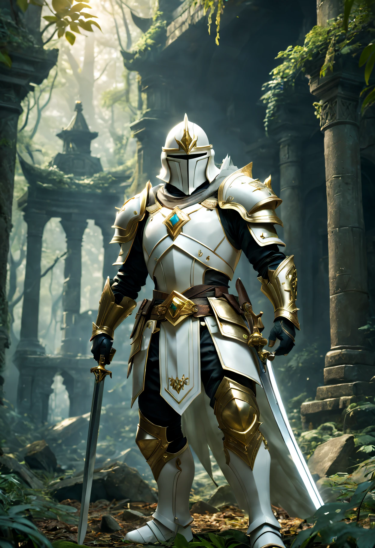 In the middle of the forest there a powerful magic swordsman holding a magic sword.,Detailed white shining armor, Detailed white helmet, Detailed Great White Sword, The mysterious golden gem on the armor,CG gameovie promotional images, In the shrine,Check the ruins,(ultra - detailed,actual:1.37),(Best quality at best,4K,8K,A high resolution,tmasterpiece:1.2)