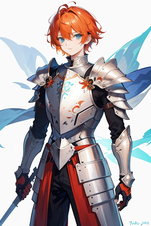 highres,high quality,best quality,detailed,1boy,solo,standing,fantasy,white background, background, character design,tachi-e,orange hair,short hair,wavy hair,light blue eyes,knight, slightly armor,red armor, mature male,