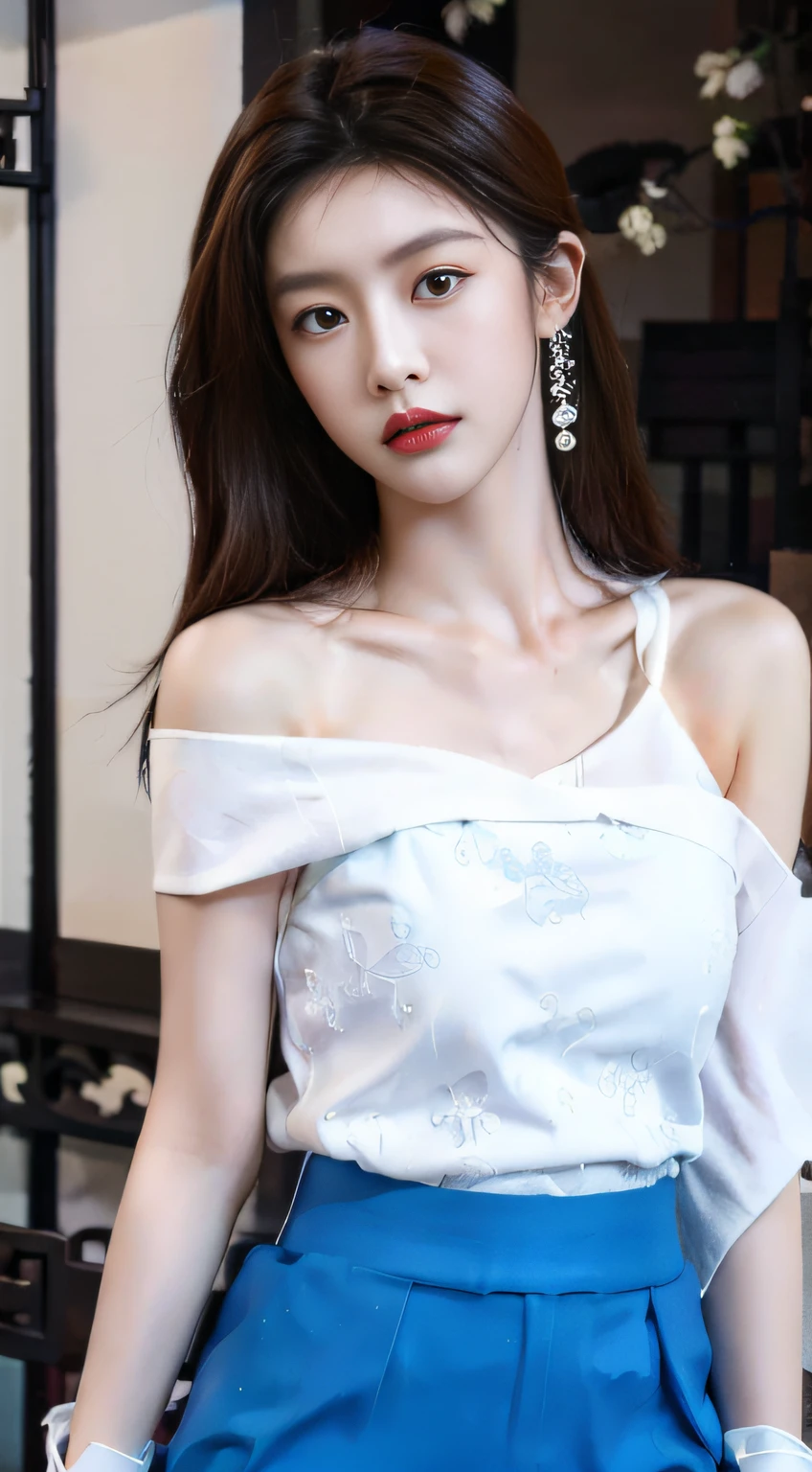 Couple wearing white tops and blue skirts posing for photo, gorgeous young korean woman, beautiful young korean woman, beautiful Korean women, gorgeous chinese models, cute women, a beautiful woman in white, beautiful asian woman, Beautiful Asian Girls, Cute and delicate face, wearing white camisole, Korean fashion model, korean woman, beautiful young asian woman