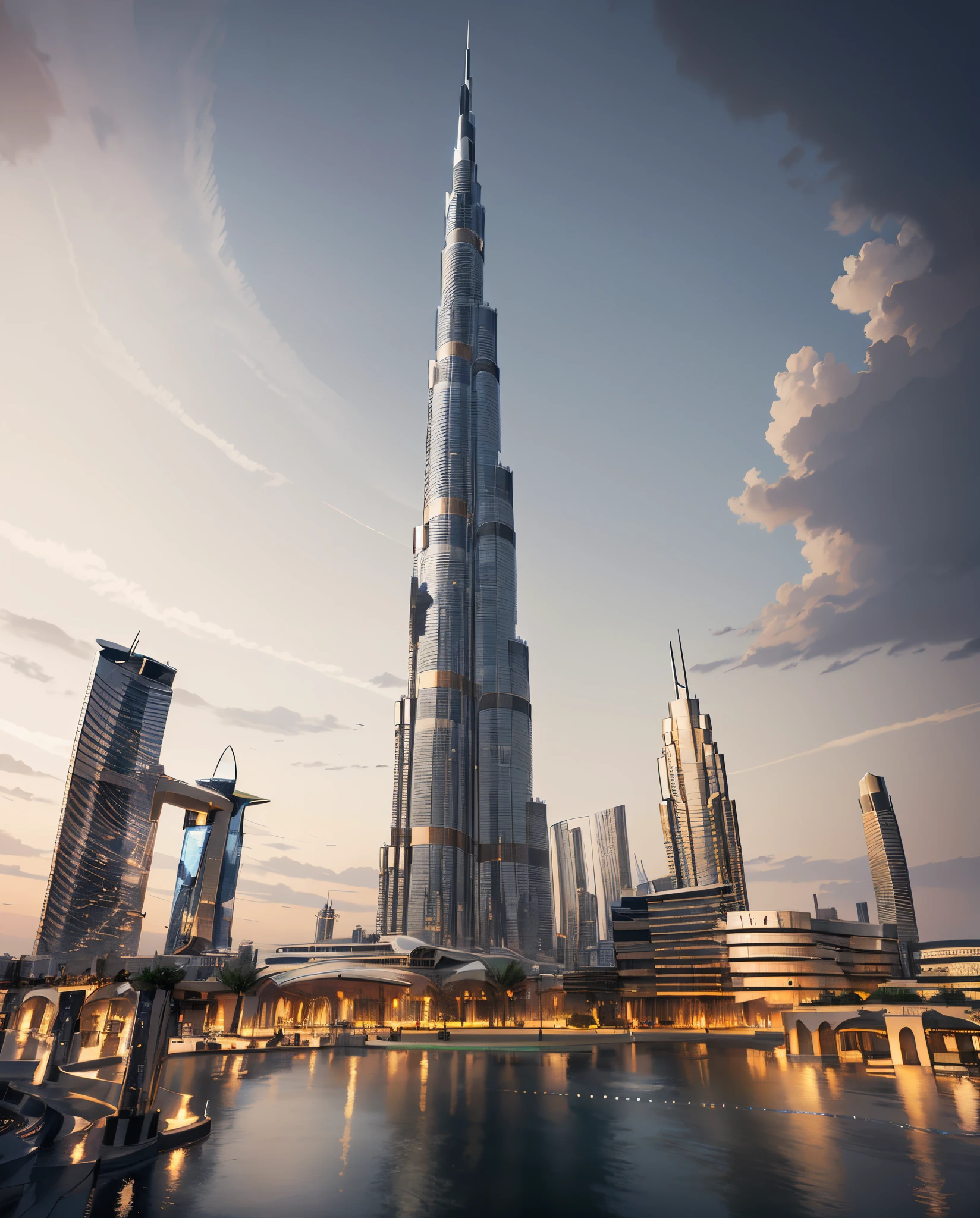 A breathtaking view of the Burj Khalifa, the tallest skyscraper, at dusk. The majestic structure pierces the twilight sky, illuminated by a warm golden glow. The intricate details of the architecture showcase its grandeur, while the clean lines add to its modern aesthetic. The composition highlights the tower's dominance, creating an awe-inspiring scene. Soft tones and subtle shading bring a sense of tranquility, blending realism with an anime-inspired touch. A perfect illustration capturing the iconic Burj Khalifa, best quality, intricate details, clean lines, eye-catching composition, soft tones, anime realism