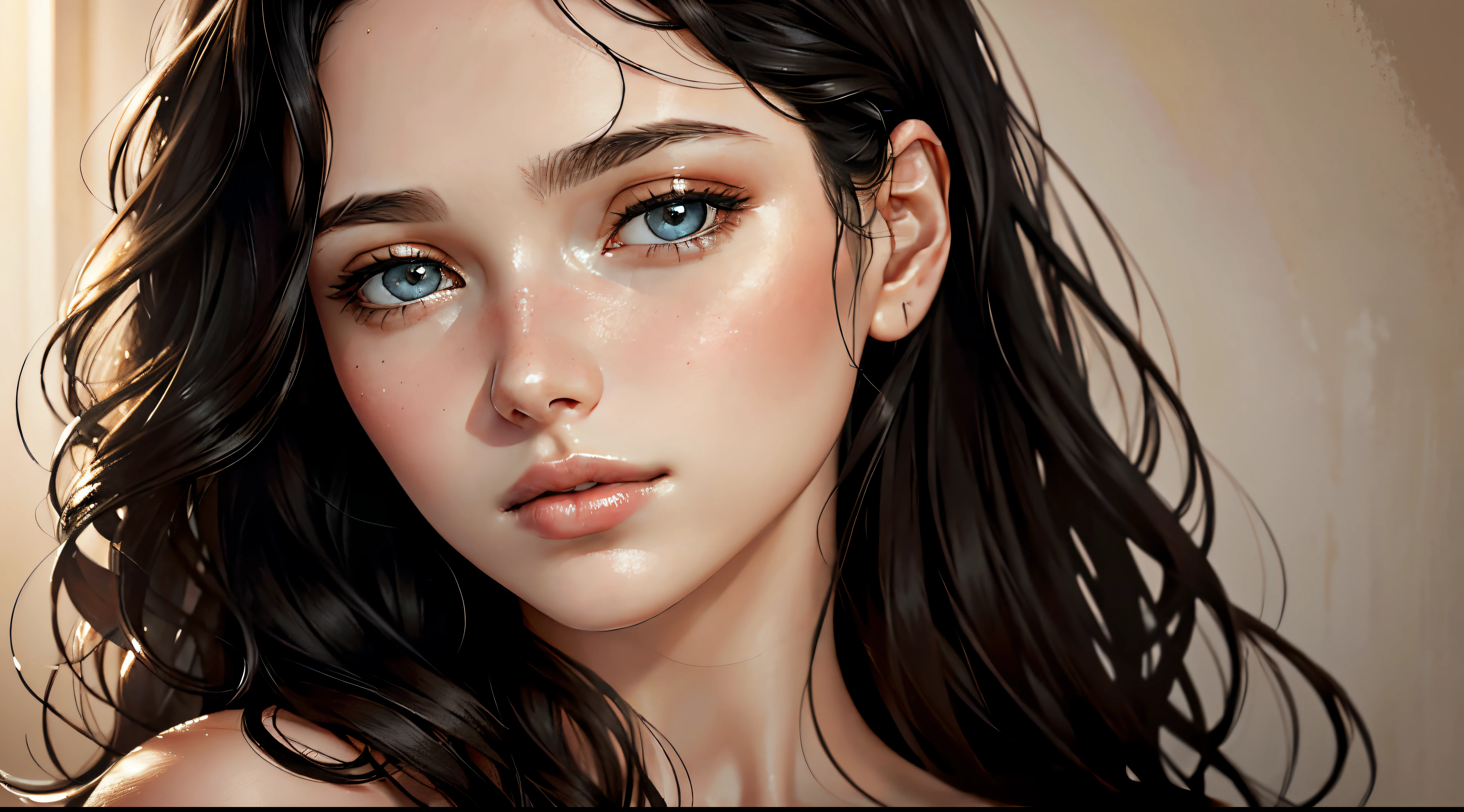 (high quality,portrait,painting),(soft skin,smooth complexion),detailed eyes fine texture,dewy lips,(natural lighting,soft light),subtle blush,sublime expression,wavy hair,neutral backdrop,subtle colors,delicate brushstrokes, beautiful, woman, black hair, long hair, azur eyes, pale skin