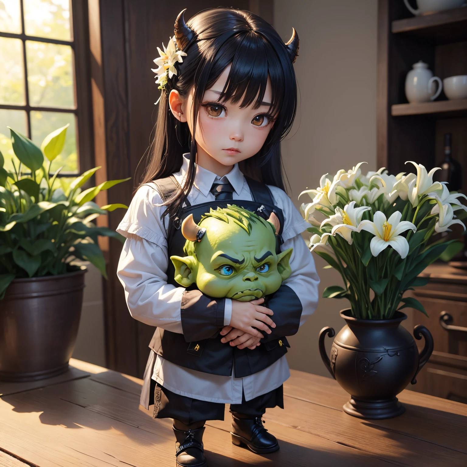 masterpiece、top-quality、ultra-detailliert、(chibi character orc 1.3)、terror、Insidious、anguish、fairy tale forest、Sunlight、Full-body standing figure、Holding a gorgeous bouquet of lilies