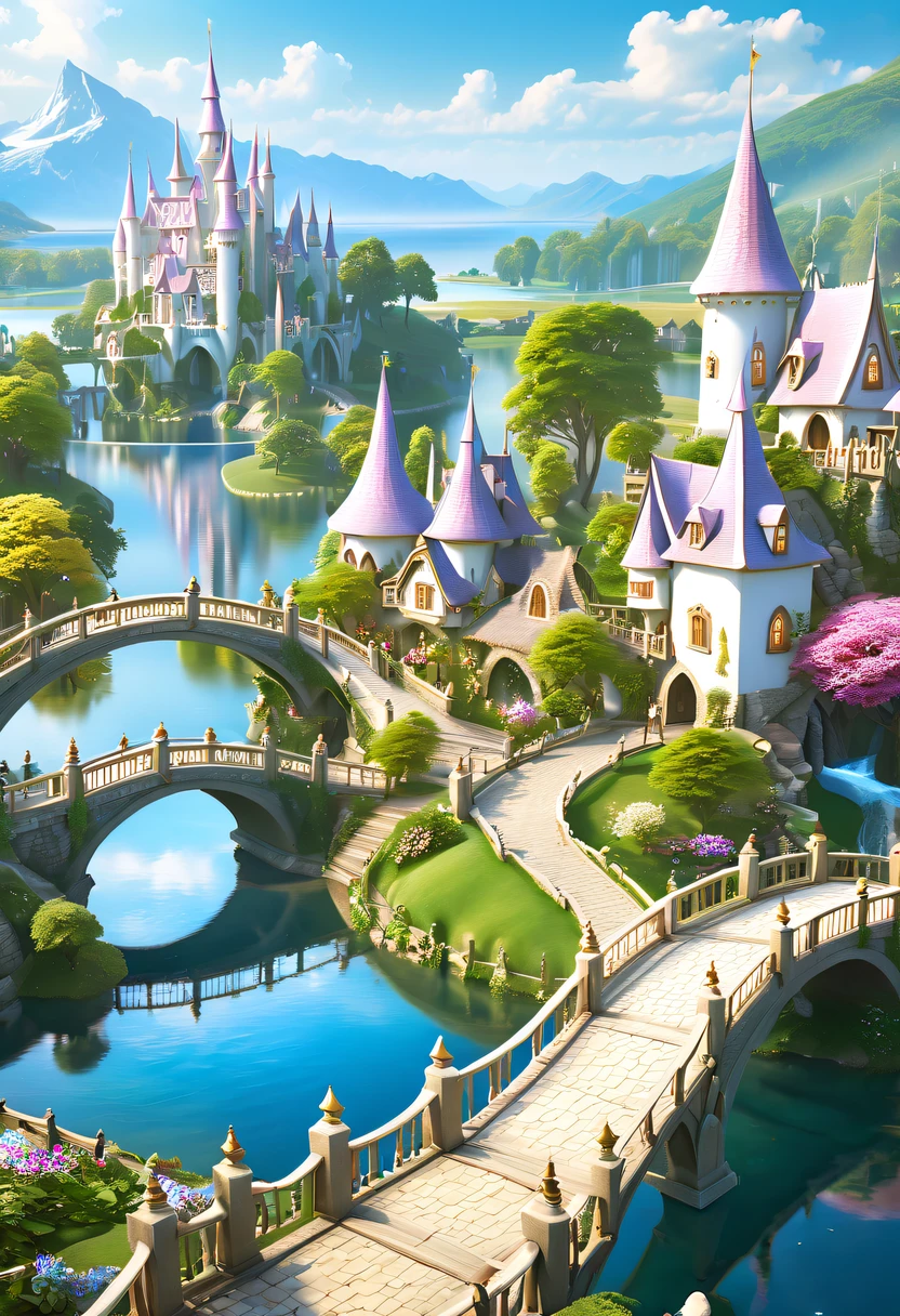 Princess Village，(country princess:1.5)，There  a bridge and a lake in the foreground, 4K detail fantasy, Magic Village, princess umalinda, beautiful detailed fantasy, Fantasy Village, 8K high quality detail art, High fantasy village, milky white house, Mythological background, beautiful render of a fairytale, Wow 4K details are amazing, fantasy detailed, An epic village full of magic