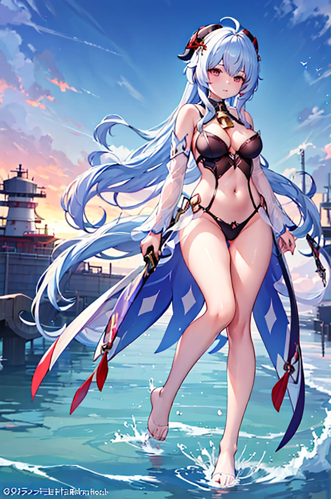 Anime manga girl,Long white hair and a sword in the water, translucent liquid from《Azure route》videogame, Kushatkrenz Important Women in the Arts, azur lane style, anime goddess, Very detailed ArtGerm, splash ink art anime , Detailed key animation art, Ayaka Genshin impact, 《Azure route》人物