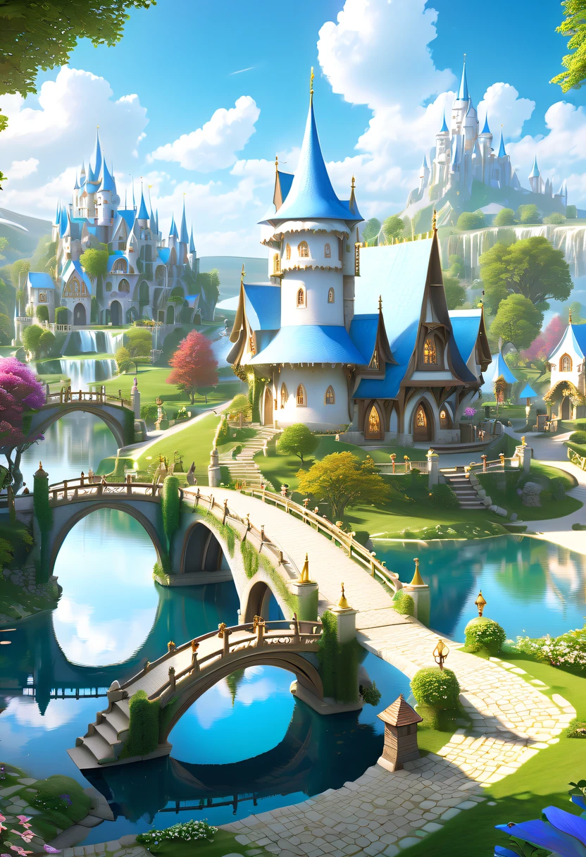 Princess Village,(country princess:1.5),There a bridge and a lake in the foreground, 4K detail fantasy, Magic Village, princess umalinda, beautiful detailed fantasy, Fantasy Village, 8K high quality detail art, High fantasy village, milky white house, Mythological background, beautiful render of a fairytale, Wow 4K details are amazing, fantasy detailed, An epic village full of magic
