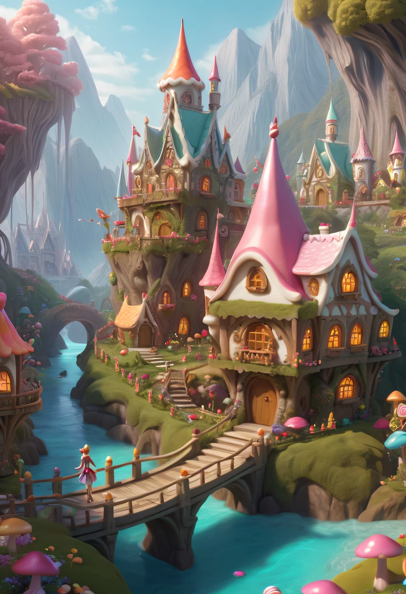 (Cute elf:1.5),Elf Prince Beautiful Elf Princess，There are tons of little dollhouses and buildings, candy forest, Cute elf in candy land，, Gingerbread Candy Village, , 4K detail fantasy, candyland, Immortal Palace, magical village, Fantasy Town, Bustling magic town, fantasy matte painting，Cute elf, Whimsical fantasy landscape art, Ultra-detailed fantasy