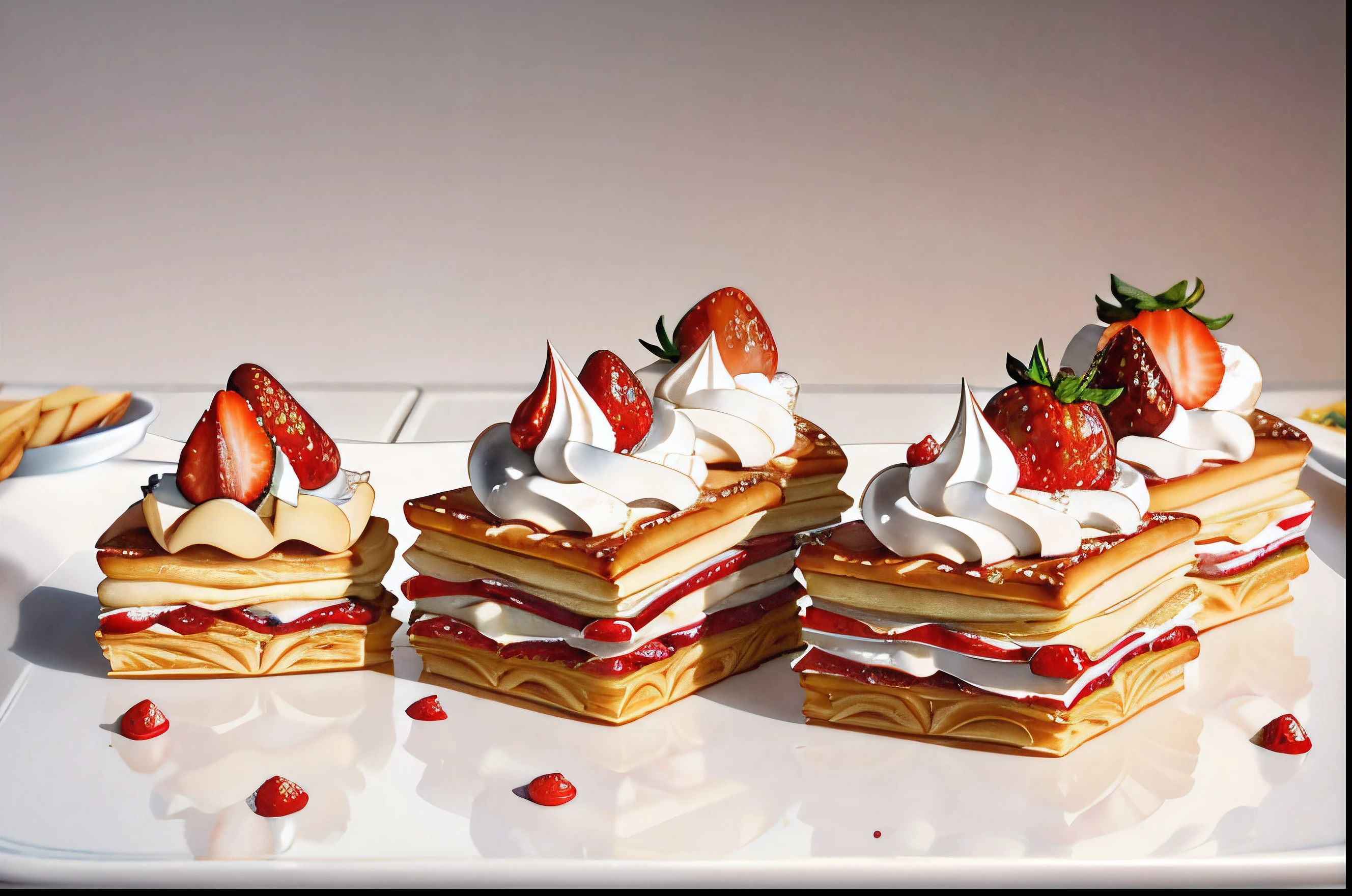 masutepiece, Hires, 3 gateau de mille-feuille、strawberry on top, napoleon pastry sheets, confections, Pastries, 4k polymer clay food photography, by Arthur Pan, High-quality food photography, Award-winning crisp details, very intricate, dessert, professional food photography, Inspired by François-Louis Thomas Francia, close up food photography, Great food pictures