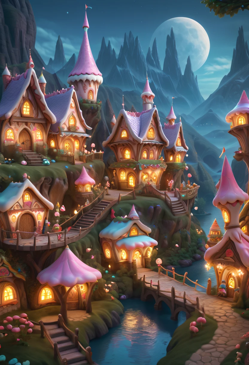 (Cute elf:1.5),Elf Prince Beautiful Elf Princess,There are tons of little dollhouses and buildings, candy forest, Cute elf in candy land,, Gingerbread Candy Village, , 4K detail fantasy, candyland, Immortal Palace, magical village, Fantasy Town, Bustling magic town, fantasy matte painting,Cute elf, Whimsical fantasy landscape art, Ultra-detailed fantasy