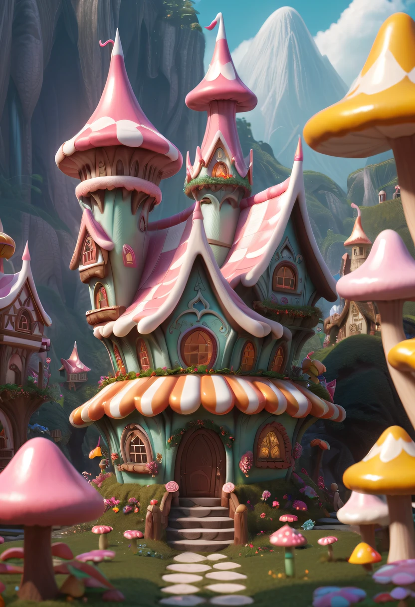 (Cute elf:1.5),Elf Prince Beautiful Elf Princess，There are tons of little dollhouses and buildings, candy forest, Cute elf in candy land，, Gingerbread Candy Village, , 4K detail fantasy, candyland, Immortal Palace, magical village, Fantasy Town, Bustling magic town, fantasy matte painting，Cute elf, Whimsical fantasy landscape art, Ultra-detailed fantasy