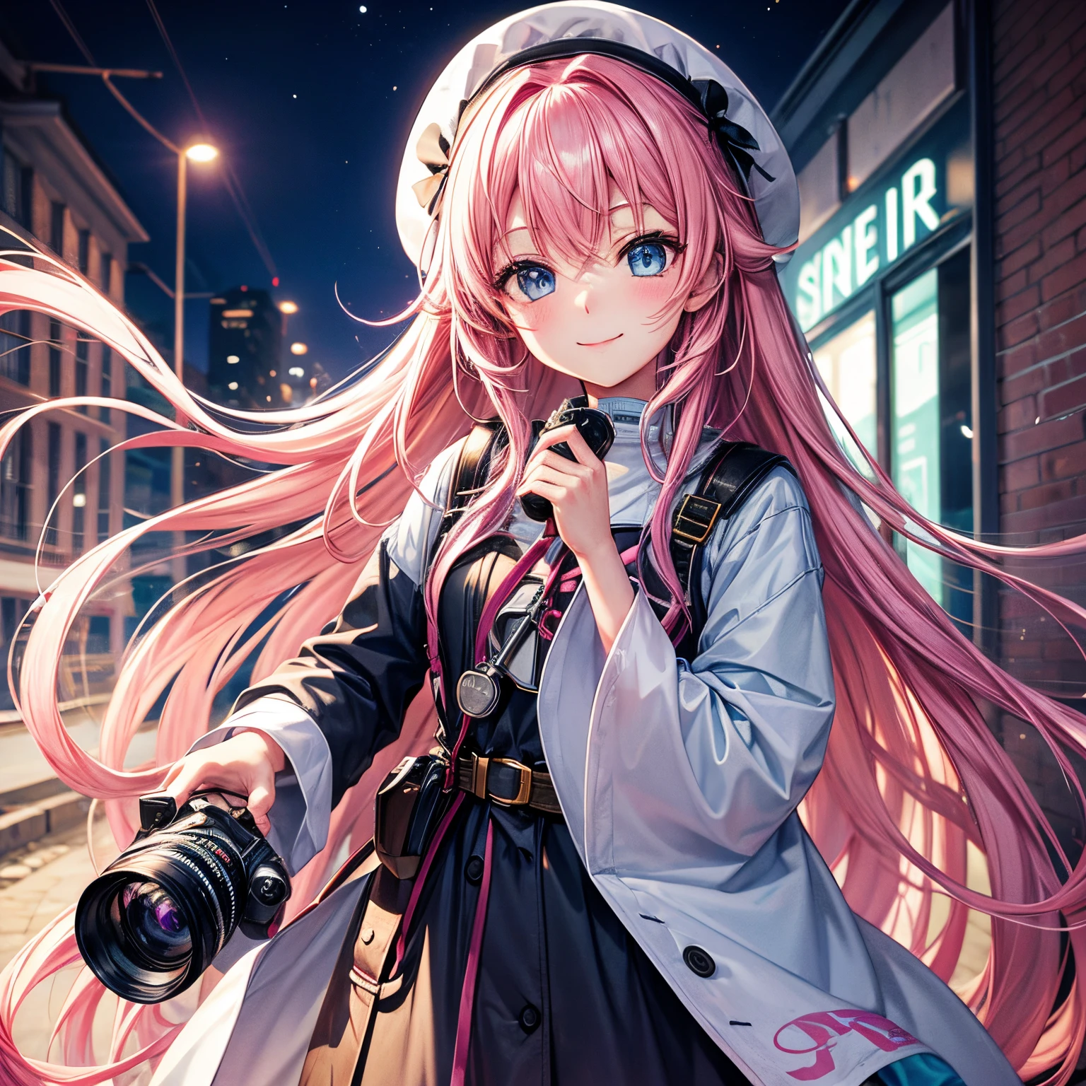 Holding a SLR camera、Long-haired girl with pink hair and light blue eyes、a smile