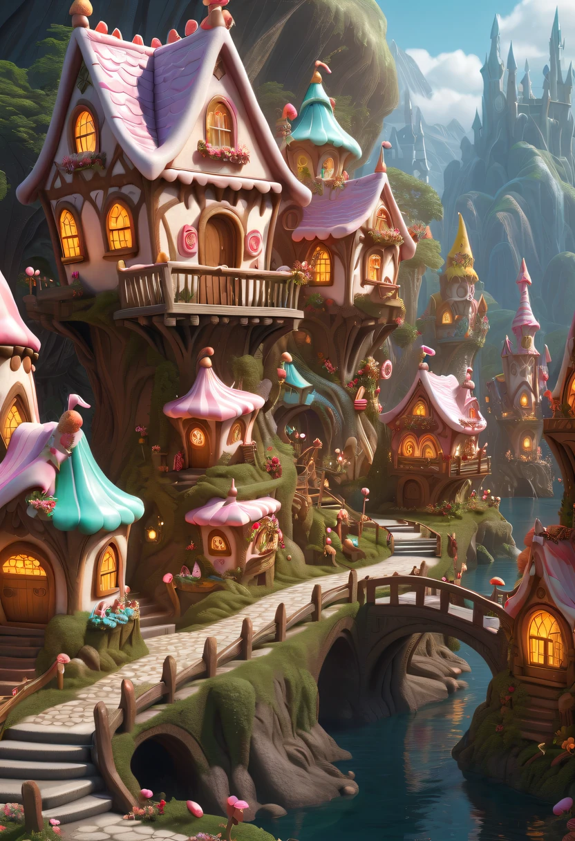 (Cute elf:1.5),Elf Prince Beautiful Elf Princess，There are tons of little dollhouses and buildings, candy forest, Cute elf in candy land，, Gingerbread Candy Village, , 4K detail fantasy, candyland, Immortal Palace, magical village, Fantasy Town, Bustling magic town, fantasy matte painting，Cute elf, Whimsical fantasy landscape art, Ultra-detailed fantasy