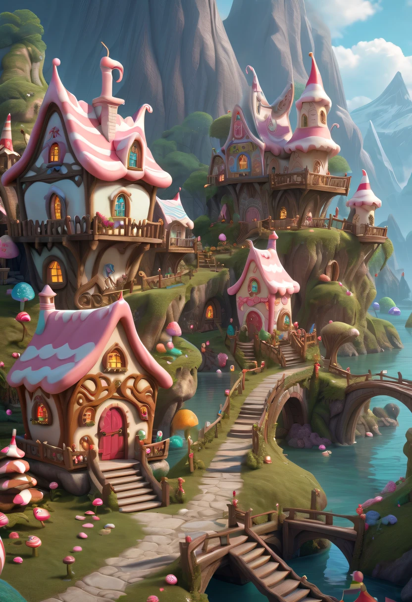 (Cute elf:1.5),Elf Prince Beautiful Elf Princess，There are tons of little dollhouses and buildings, candy forest, Cute elf in a candy land style house, Gingerbread Candy Village, candyland, 4K detail fantasy, candyland, Immortal Palace, magical village, Fantasy Town, Bustling magic town, fantasy matte painting，Cute elf, Whimsical fantasy landscape art, Ultra-detailed fantasy