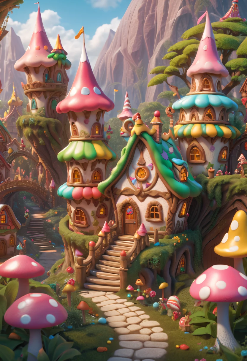 (Cute elf:1.5),Elf Prince Beautiful Elf Princess,There are tons of little dollhouses and buildings, candy forest, Cute elf in a candy land style house, Gingerbread Candy Village, candyland, 4K detail fantasy, candyland, Immortal Palace, magical village, Fantasy Town, Bustling magic town, fantasy matte painting,Cute elf, Whimsical fantasy landscape art, Ultra-detailed fantasy