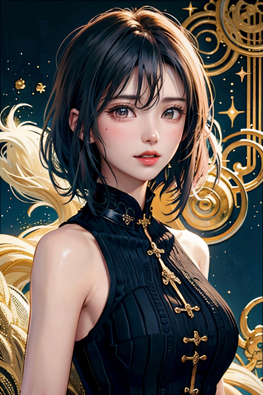 (masterpiece、top-quality、top-quality、Official art、Beautifully Aesthetic:1.2)、(1girl in)、Extreme details、colourfull、highestdetailed、Official art、Unity 8k壁纸、ultra-detailliert、Beautifully Aesthetic、Beautiful fece、masterpiece、top-quality、(Zentangle、a Mandala、Tangles、Entanglement)、Holy Light、gold foil、Gold leaf art、glitter drawing、PerfectNwsjMajmagic、a short bob