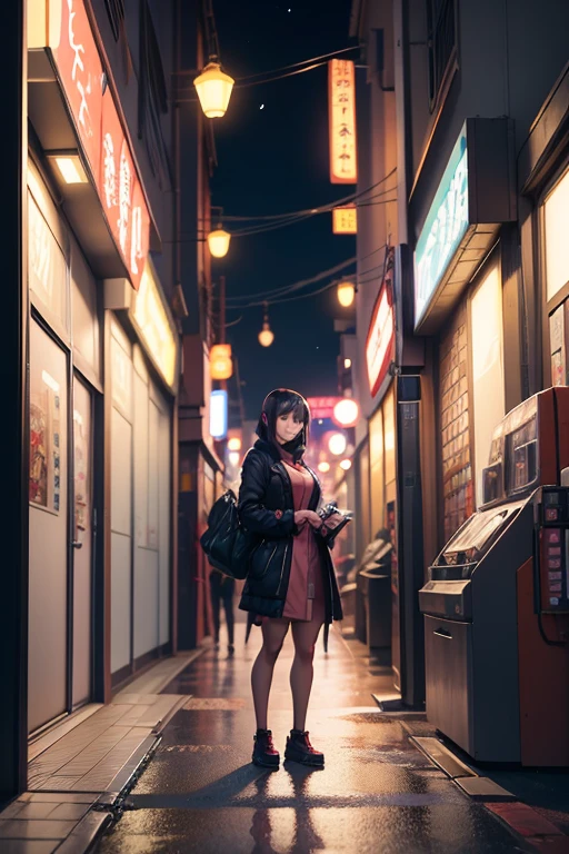There was a woman standing in front of the store at night, Convenience stores, Iwakura Asuka Station Game, Tokyo anime anime scenes, Destiny&#39;s Gate, noire moody scene, visual novels CG, Standing outside a corner shop, Madhouse Studio anime style, anime scene, VA-11 Hall-A