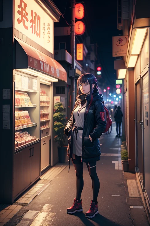 There was a woman standing in front of the store at night, Convenience stores, Iwakura Asuka Station Game, Tokyo anime anime scenes, Destiny's Gate, noire moody scene, visual novels CG, Standing outside a corner shop, Madhouse Studio anime style, anime scene, VA-11 Hall-A
