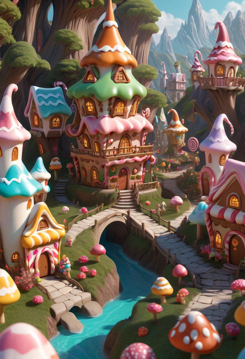 (Cute elf:1.5),There are tons of little dollhouses and buildings, candy forest, Cute elf in candy land style house, Gingerbread Candy Village, candyland, 4K detail fantasy, candyland, Immortal Palace, magical village, Fantasy Town, Bustling magic town, fantasy matte painting,Cute elf, Whimsical fantasy landscape art, Ultra-detailed fantasy