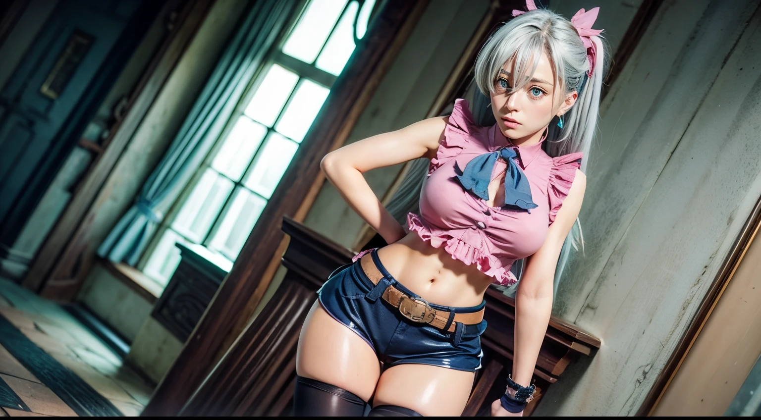 Silver hair, blue eyes, light skin, pink ruffled sleeveless blouse with blue bow, black shorts with belt and buckle, thigh-high black stocking on right leg, turquoise earrings, hand touching blue bow, (covered eye by hair:1.3), Elizabeth, upper body