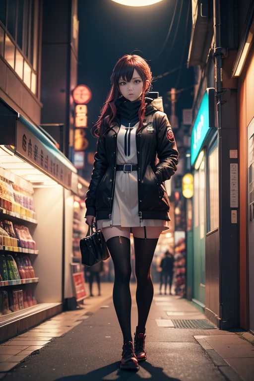 A woman standing outside a convenience store at night, Convenient store, Ikebukuro Higashi-Ikebukurocho station gaming, Tokyo anime anime scene, Steins;Gate stone gate, Dark whimsical scene, Visual novel CG, Standing outside a shop on a street corner, Madhouse Studio anime style, Anime scene, VA-11 Hall-A

(best quality,4k,8k,highres,masterpiece:1.2), ultra-detailed, realistic:1.37, vibrant colors, dramatic lighting, anime art style