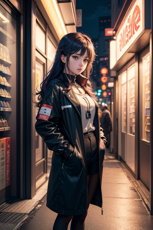 A woman standing outside a convenience store at night, Convenient store, Ikebukuro Higashi-Ikebukurocho station gaming, Tokyo anime anime scene, Steins;Gate stone gate, Dark whimsical scene, Visual novel CG, Standing outside a shop on a street corner, Madhouse Studio anime style, Anime scene, VA-11 Hall-A
(best quality,4k,8k,highres,masterpiece:1.2), ultra-detailed, realistic:1.37, vibrant colors, dramatic lighting, anime art style