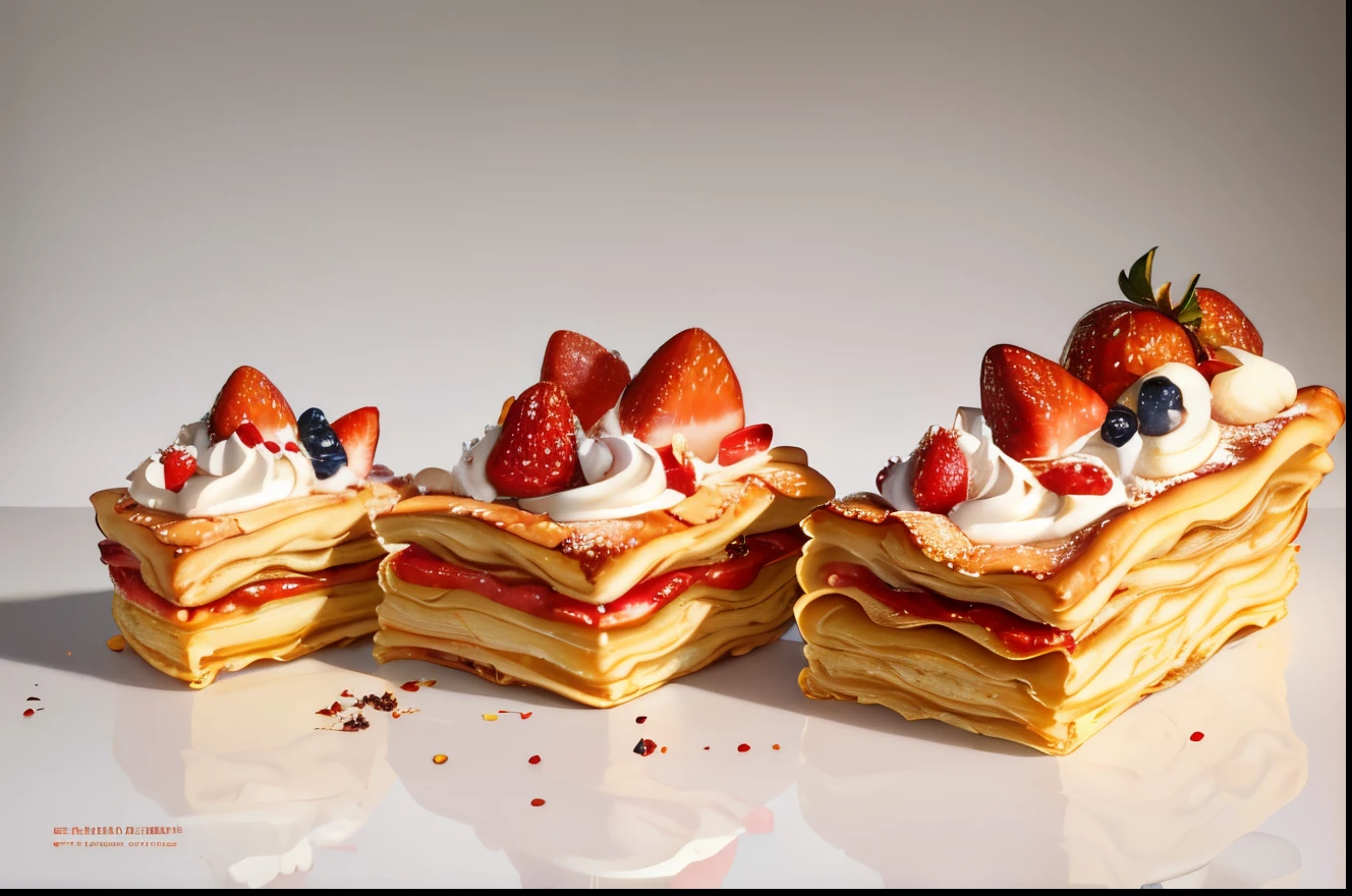 (best quality,4k,highres:1.2),ultra-detailed,realistic dessert photo, delectable treats, mouthwatering pastries, Napoleon pastry sheet, exquisite layers of puff pastry, fresh strawberries on top, edible art inspired by François Louis Thomas Francia, award-winning vivid food photography, Arthur Pan's masterpiece, professional food photography, close-up of food photography, fine details, intricate design, visually appealing dessert, François Louis Thomas Francia-inspired masterpiece