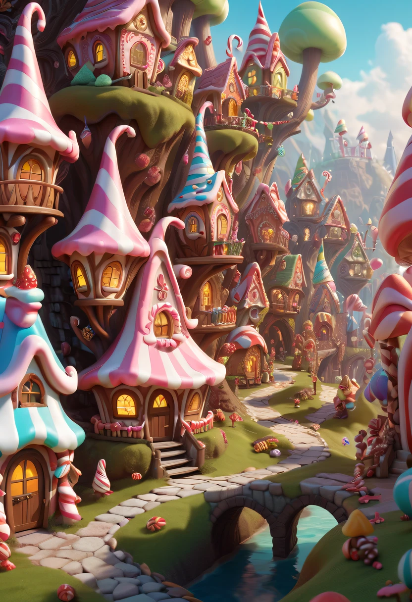 Cute elf,There are tons of little dollhouses and buildings, candy forest, Cute elf in a candy land style house, Gingerbread Candy Village, candyland, 4K detail fantasy, candyland, Immortal Palace, magical village, Fantasy Town, Bustling magic town, fantasy matte painting,Cute elf, Whimsical fantasy landscape art, Ultra-detailed fantasy
