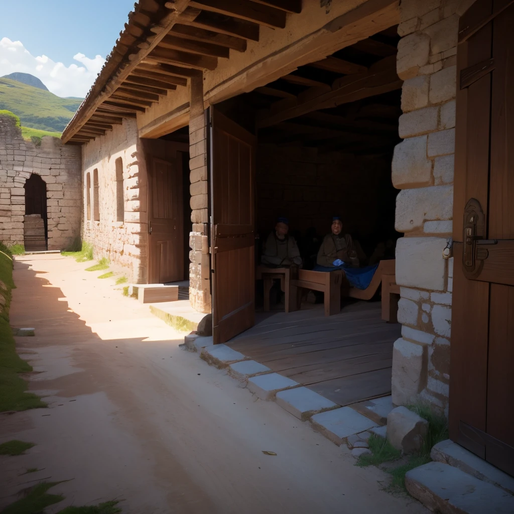 In a sunny day, a wooden medieval fort stands tall at the center of the scene, resembling a masterpiece of ancient architecture. The fort is surrounded by old army camp remnants, revealing the traces of a forgotten military base. The wooden walls of the fort showcase intricate details and craftsmanship, adding to its historical charm.
In the foreground, a collection of small wooden houses can be seen, nestled within the fort's protective walls. The houses exude a rustic feel, their wooden structures weathered by time. Adjacent to the houses, cloth camp tents are arranged in a orderly manner, providing temporary shelter for soldiers and visitors alike.
Within the fort's courtyard, a lively and somewhat chaotic scene unfold. In one corner, a group of soldiers engage in a drunken brawl, their movements animated and energetic. The fight is fueled by a mixture of alcohol and camaraderie, as laughter and cheers fill the air.
Not far away, a few women dressed as whores saunter through the fort's narrow streets, their provocative attire contrasting against the masculine presence of the soldiers. Their alluring presence adds a touch of intrigue to the scene, hinting at the hidden stories behind the fort's walls.
The camera angle captures the fort and its surroundings from a side view, allowing the audience to appreciate the sprawling landscape beyond. The warm sunlight bathes the entire scene, casting long shadows and creating a vibrant interplay of light and shadow.
Overall, the prompt sets the stage for a vivid and immersive artwork, combining historical elements with a touch of theatricality. It promises a high-quality, detailed depiction, incorporating artistic styles that showcase the fort's grandeur and the atmosphere of a bygone era. The colors and lighting will be carefully considered to enhance the overall composition and emotional impact of the image.