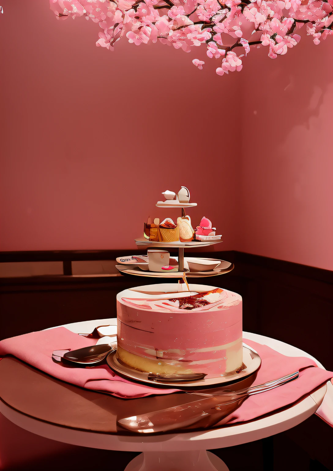 A pink empty tray，There are flowers on it，Overlooking Paris, daz3d style, animeaesthetic, Light and airy, Ultra high-definition images, salon department, Leica R3, light silver and light pink，fotografia do produto, food advertisement, Cupcakes, (Hyper-realistic food images), cake in hand, Food photography (8K), (exquisite dining background), (shallowdepthoffield), (True colors and comfortable lighting), (电影灯光), (Professional grade camera Canon 90D), Appetizing, (Cafe tabletop)