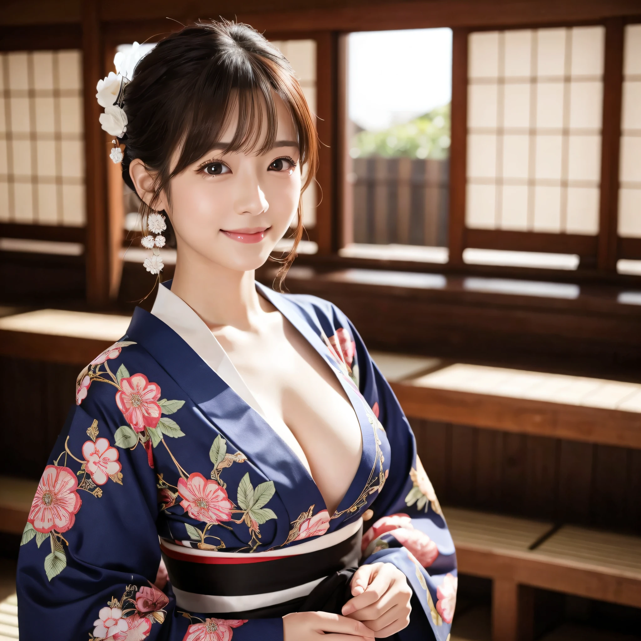 Beautiful woman in neat Japanese clothes、8k masterpieces:1.3))、foco nítido:1.2、(ultra beautiful faces:1.0)、(shinny skin:1.0)、photos realistic、A dark-haired、Video Lighting、High-definition eyes and face、Video Lighting、The front side of Japanese idol actresses、medium breasts、Smile、Slender Abs Beauty、Whole body、In furisode