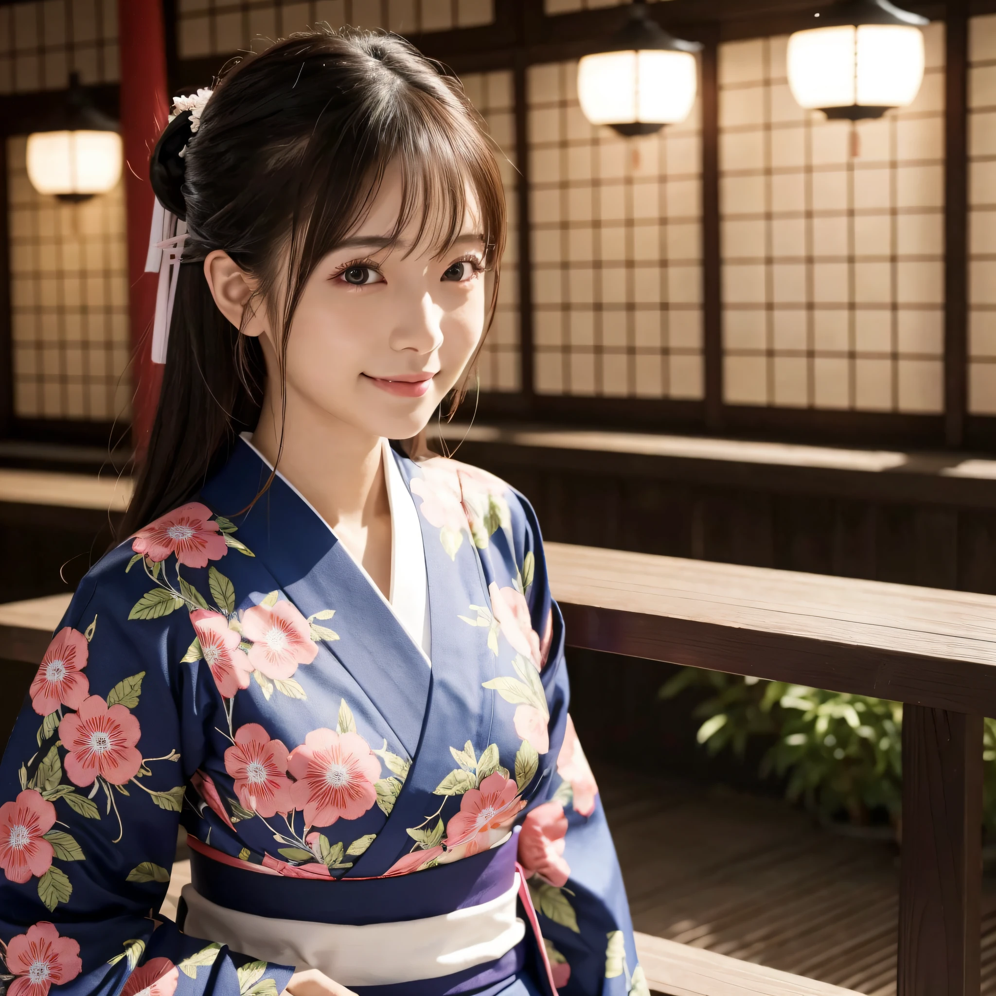 Beautiful woman in neat Japanese clothes、8k masterpieces:1.3))、foco nítido:1.2、(ultra beautiful faces:1.0)、(shinny skin:1.0)、photos realistic、A dark-haired、Video Lighting、High-definition eyes and face、Video Lighting、The front side of Japanese idol actresses、medium breasts、Smile、Slender Abs Beauty、Whole body、In furisode