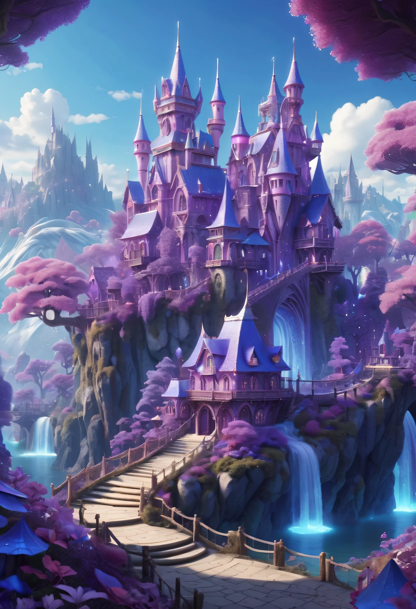 (Best quality at best,4K,8K,A high resolution,tmasterpiece:1.2),ultra - detailed,crystal houses and buildings,Luxurious Amethyst Forest,Crystal Theme Park, Amethyst Village,Wonderland of pink crystals,Wonderful 4K details,blue crystal park,Enchanted Palace,magical village,Bustling magic town,dreamy matte painting,cute big breasts,fantastic fantasy landscape art,Super detailed fantasy town