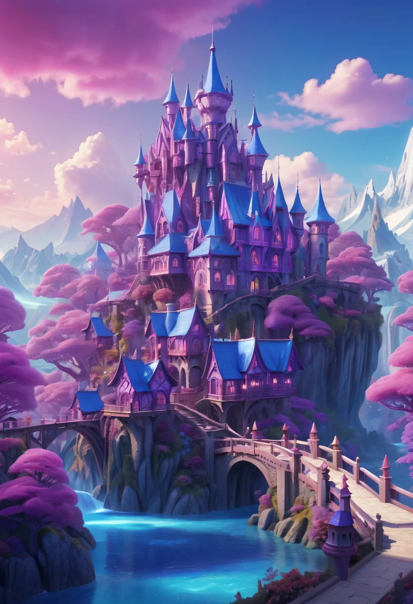 (Best quality at best,4K,8K,A high resolution,tmasterpiece:1.2),ultra - detailed,crystal houses and buildings,Luxurious Amethyst Forest,Crystal Theme Park, Amethyst Village,Wonderland of pink crystals,Wonderful 4K details,blue crystal park,Enchanted Palace,magical village,Bustling magic town,dreamy matte painting,cute big breasts,fantastic fantasy landscape art,Super detailed fantasy town