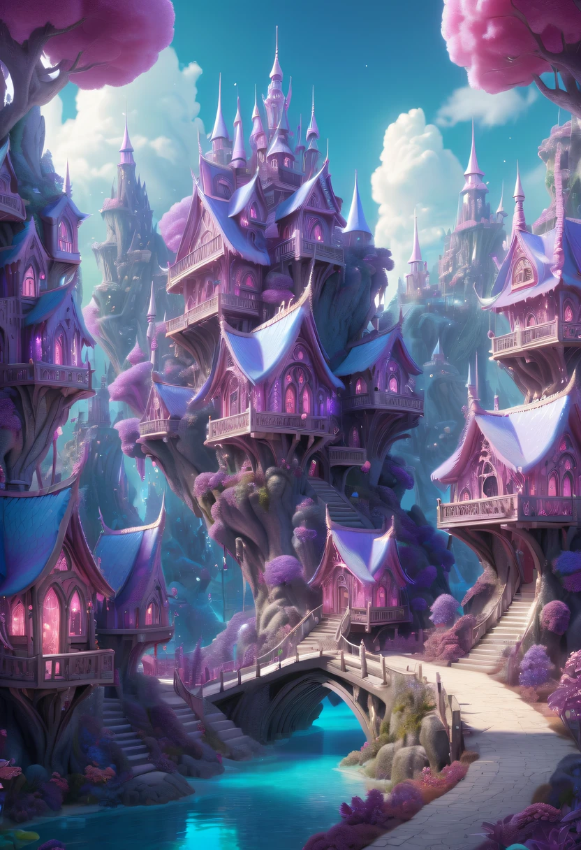 There are a large number of crystal houses and crystal buildings, Crystal Forest, In a Crystal Paradise style house, Amethyst Village, pink crystal paradise, 4K detail fantasy, blue crystal paradise, Immortal Palace, magical village, Fantasy Town, Bustling magic town, fantasy matte painting，Cute big breasts, Whimsical fantasy landscape art, Ultra-detailed fantasy