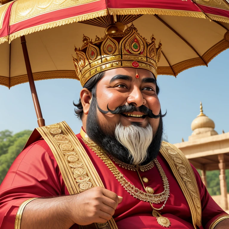 fatty Ancient India king.
Funny face with a big smile.
Lack of beard,
Big huge mustache only.
Wearing royal crown and ornaments.
Holding old big wooden umbrella.
Photorealistic , landscape background ,canon r6, lens 80mm,