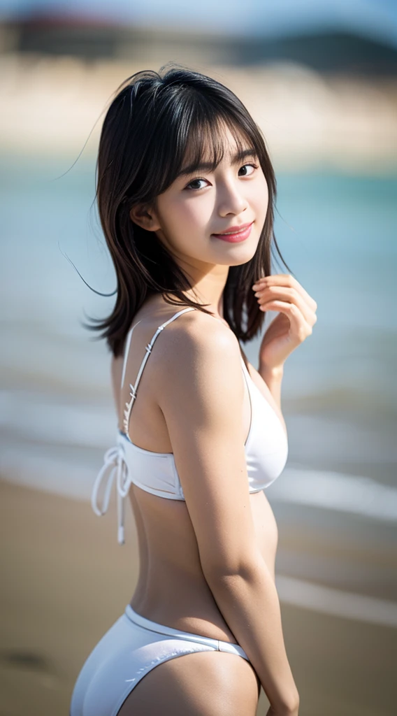 (8K, Raw photo, Best Quality, masutepiece:1.2), (Realistic, Photorealsitic:1.4), (Very detailed 8k wallpaper), Sharp Focus, depth of fields, blur backgroun, Bokeh,  Cinematic lighting, Soft light, Upper body, 20-year-old cute actress crosses arms on the beach.Short hair, (White Plain Bikini: 1.5), Smile、A sexy、hposing Gravure Idol