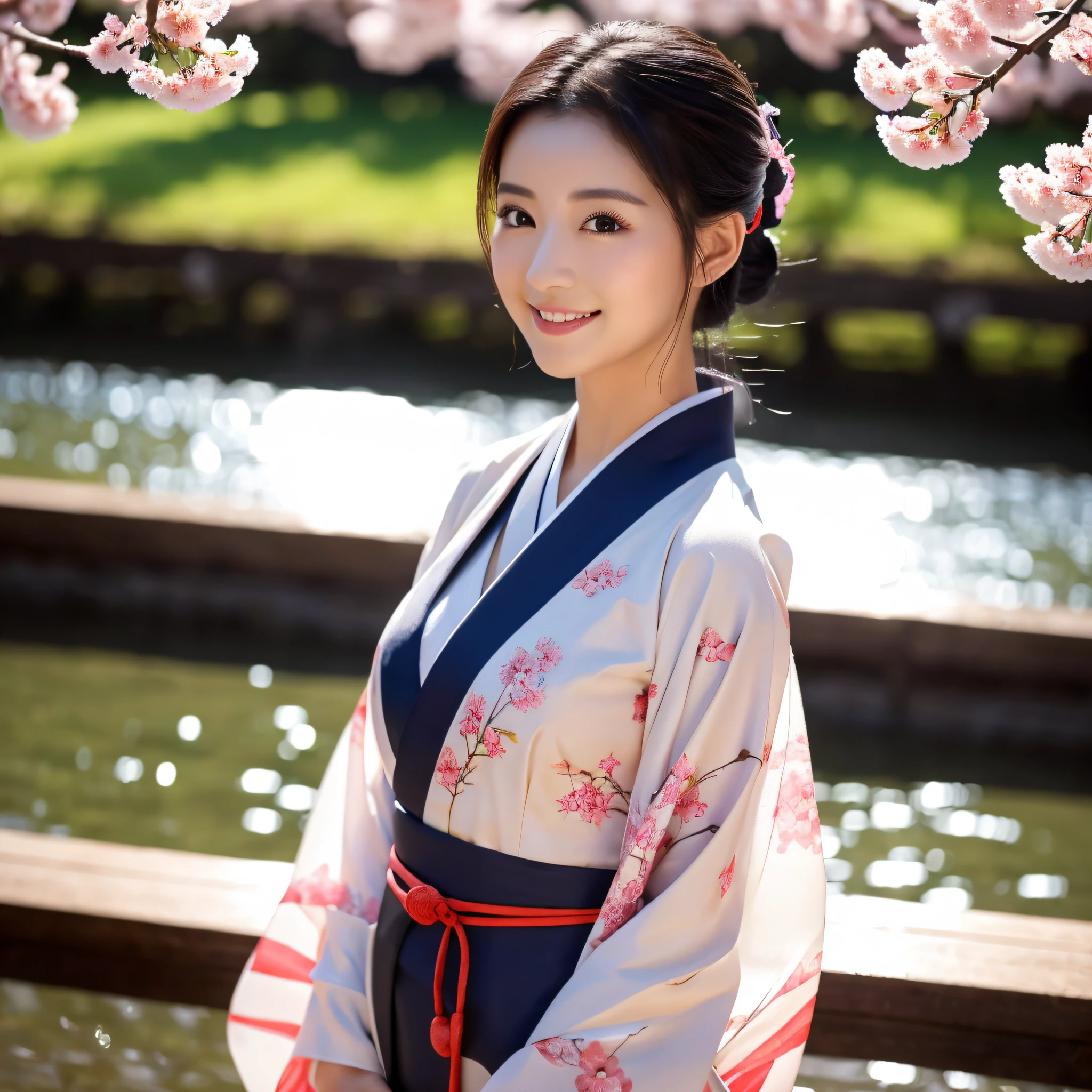 (Super beautiful woman in kimono)、((best qualtiy、8k masterpieces:1.3))、foco nítido:1.2、(ultra beautiful faces:1.0)、(shinny skin:1.0)、photos realistic、A dark-haired、Video Lighting、High-definition eyes and face、Video Lighting、Japanese actressl、from the front side、medium breasts、With a happy smile、Slender Abs Beauty、Whole body、wearing kimonos、cherry blossom in full bloom、luxury obi