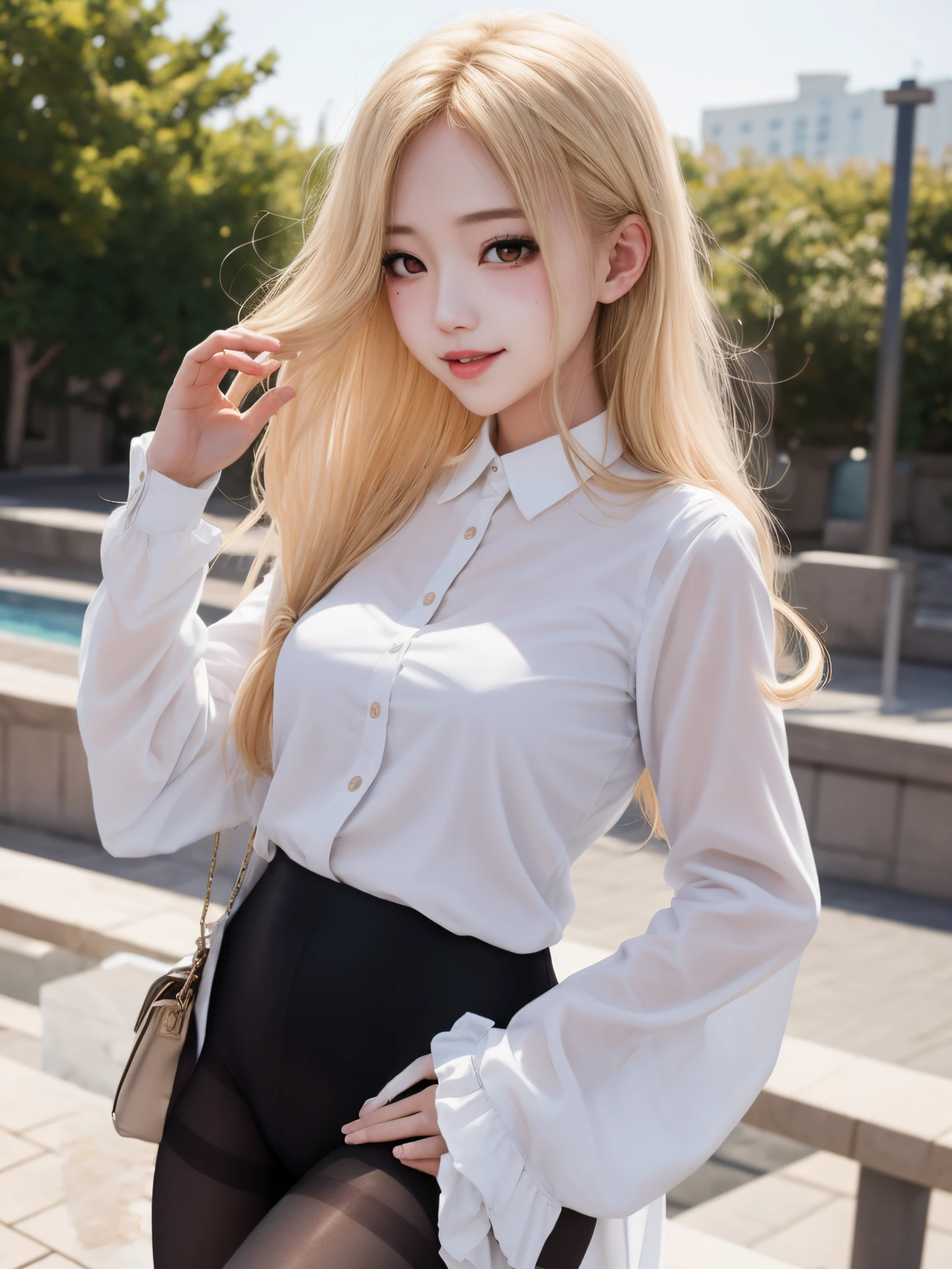 tmasterpiece, Best quality at best, absurd res, looking at viewert, Alone, Rita Rothweather (summer night dream), Rita Rothweather, The shirt, lacepantyhose, red rose, red eyes, Blonde hair, longer sleeves, Moles under the eyes, hair covering one eye, frilly shirt, white shirt, lusty smile, (ulzzang-6500:0.8), long whitr hair, daysies, Black pantyhose for outdoor activities
