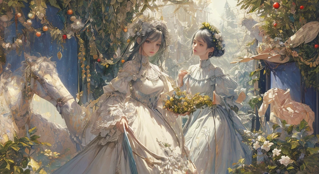 (​masterpiece)、(top-quality:1.1)、(ultra-detailliert)、Best Illustration、detaile、(Beautifully Aesthetic:1.2)、（Pigment Thin 1.5）、put flowers and leaves on your head、Painting of a Woman by James Jean、Christmas tree、Christmas atmosphere