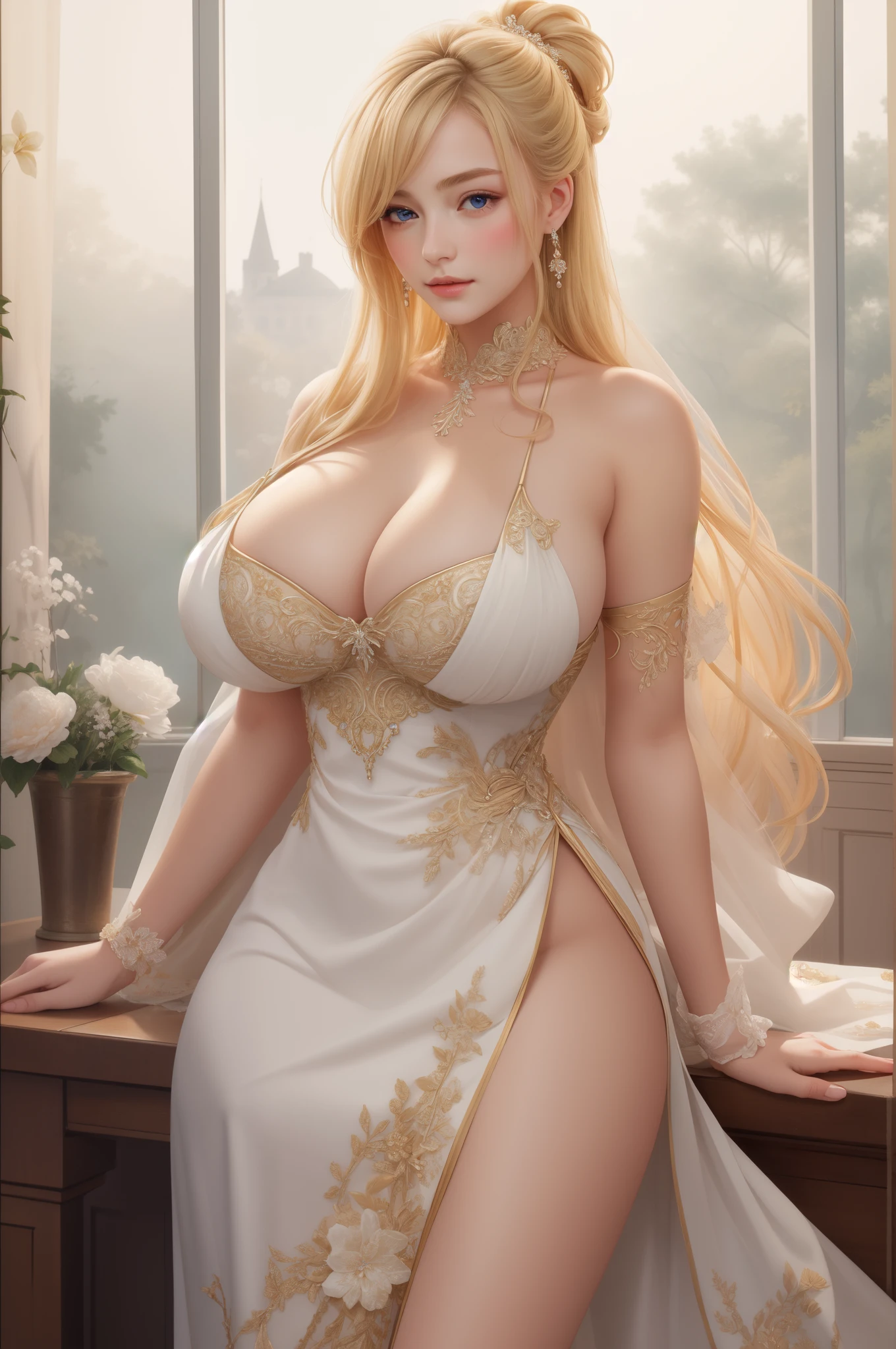 Masterpiece, Best quality, An extremely delicate and beautiful girl, Ultra-detailed, Highly detailed, Best quality, Blonde hair, huge breasts, Realistic, wearing an elegant dress