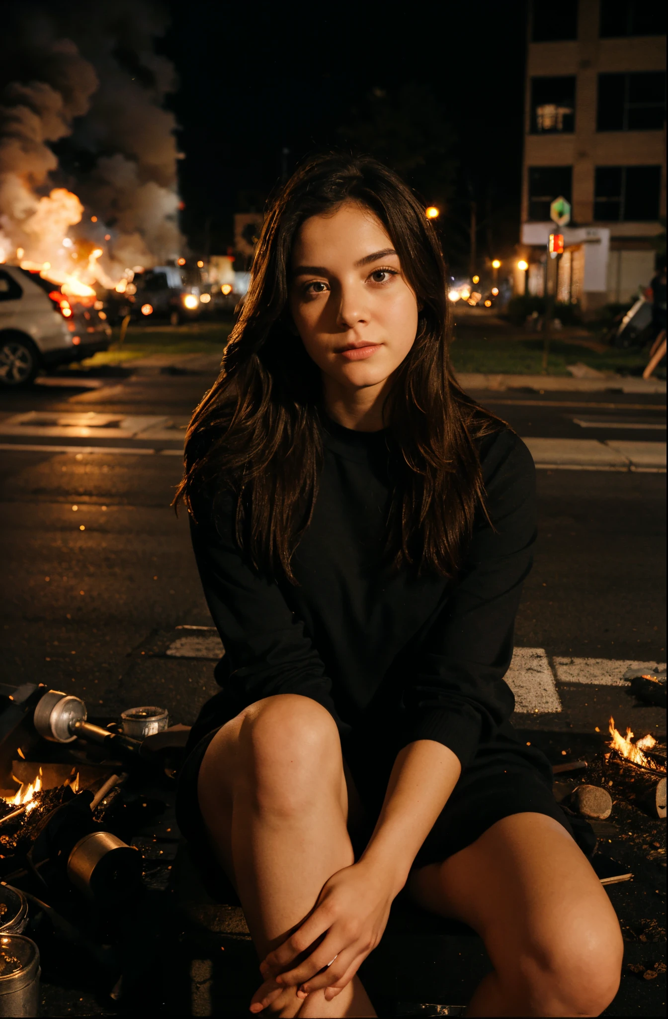 Emily Sheffield sitting in front of a burning library at night
