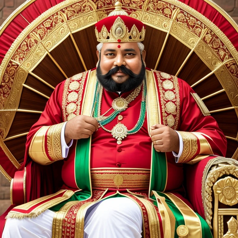 fatty Ancient India king facing the camera.
Funny face with a big smile.
Lack of beard,
Big huge mustache only.
Wearing royal crown and ornaments.
Holding old big wooden umbrella.
Photorealistic , landscape background ,canon r6, lens 80mm,