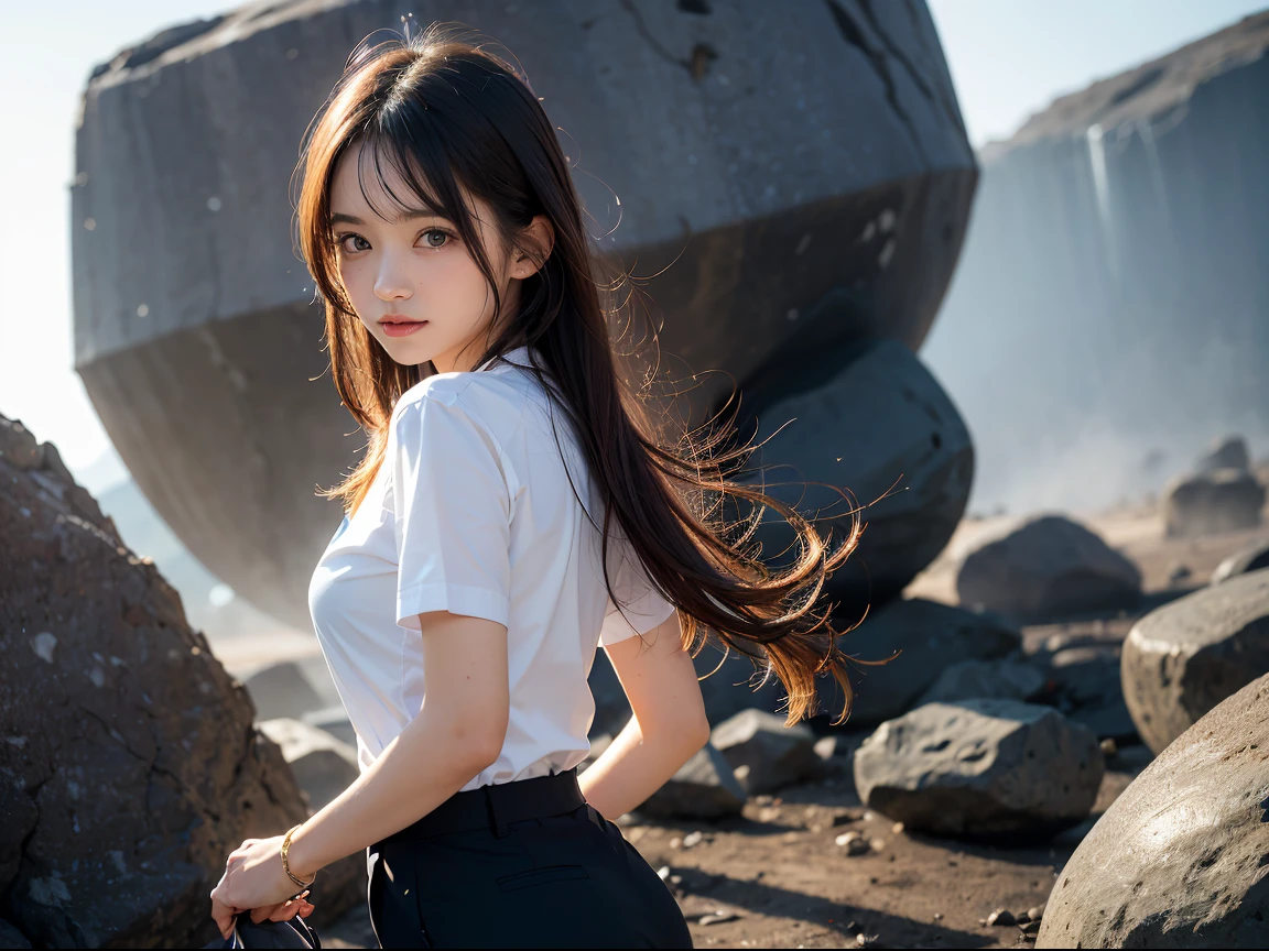 (masutepiece, Best Quality:1.2), 8K, Official art, Wearing a suit、Five Fingers Photos'Body of, full body Esbian、Lightning from a wand、Suit Beauty、Big Dipper in the background、star explosion、Beautiful barefoot woman with dark hair, hold a flame in your right hand、i#39;i'i'i'i'i'I'm holding a snowstorm in my left hand、Bright lava light rises above the broken Earth from beneath the asteroid belt(Jagged rock rocks and fragments shot into the air:1.3) (Storm of windy dust debris:1.1) Volume fogmist by trace Z、It can allow bright light from below to pass through、 (masterpiece) (top-quality) (detaileds) (8K) (电影灯光) (foco nítido) (Convoluted)A dark-haired、14years、small tits、A delightful、A smile、unbelievable Ridiculous, (a beauty girl, Pretty Face, arching back down, Gold hair ornament on hair、Wearing a cute suit、close up, Wearing a suit, Short sleeve, gardenia, violaceaess, spaces , Looking at Viewer, Film grain, chromatic abberation, Sharp Focus, face lights, Dynamic lighting, Cinematic lighting, Eyes and faces with detailed, Bokeh background, (Tie with Emma written on it、1 copy:1.2)