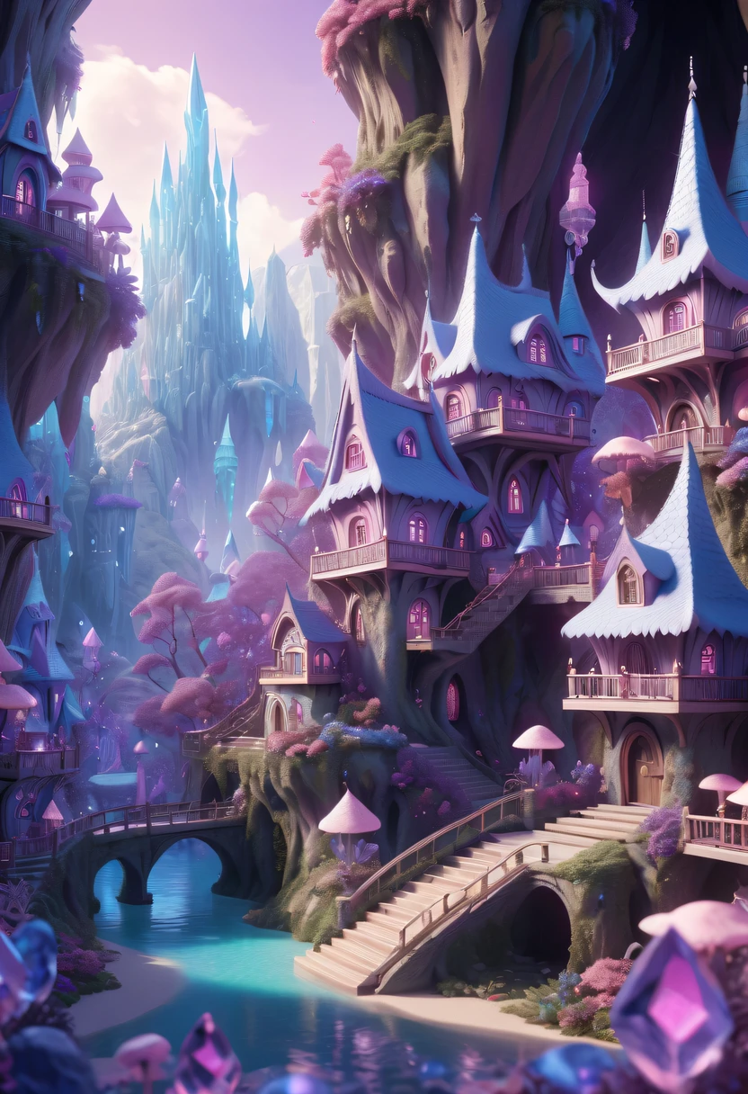 There are tons of little dollhouses and buildings, Crystal Forest, In a Crystal Paradise style house, Amethyst Village, pink crystal paradise, 4K detail fantasy, blue crystal paradise, Immortal Palace, magical village, Fantasy Town, Bustling magic town, fantasy matte painting,Cute big breasts, Whimsical fantasy landscape art, Ultra-detailed fantasy