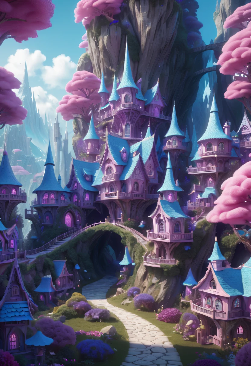 There are tons of little dollhouses and buildings, Crystal Forest, In a Crystal Paradise style house, Amethyst Village, pink crystal paradise, 4K detail fantasy, blue crystal paradise, Immortal Palace, magical village, Fantasy Town, Bustling magic town, fantasy matte painting，Cute big breasts, Whimsical fantasy landscape art, Ultra-detailed fantasy