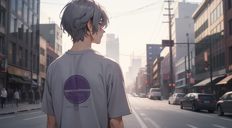 Faded tones, monochromes, slightly darker purple tone, cool men's long bangs, Hipster, Grey Hair, Upper chest shot, monochromes, Black, Blue, peach logo t-shirt, the background is blurred, City of Dawn, Looking back, Overall blurry image、